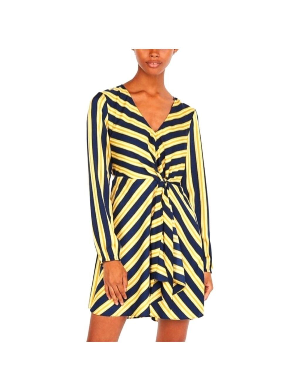 Express Striped Knotted Waist V-Neck Dress, Size L